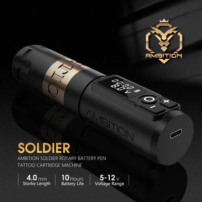 Ambition Soldier Wireless Tattoo Machine — Rotary Battery Pen with 2400mAh & LED Digital Display | Portable Power Pack for Body Art