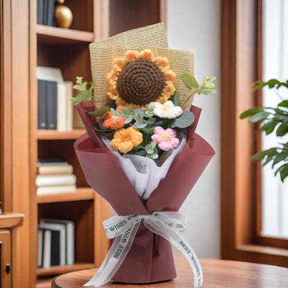 Efun Handmade Crochet Flower Bouquet — Sunflower & Daisy Arrangement for Valentine’s, Wedding, Anniversary, Mother’s Day & Birthday Gift
