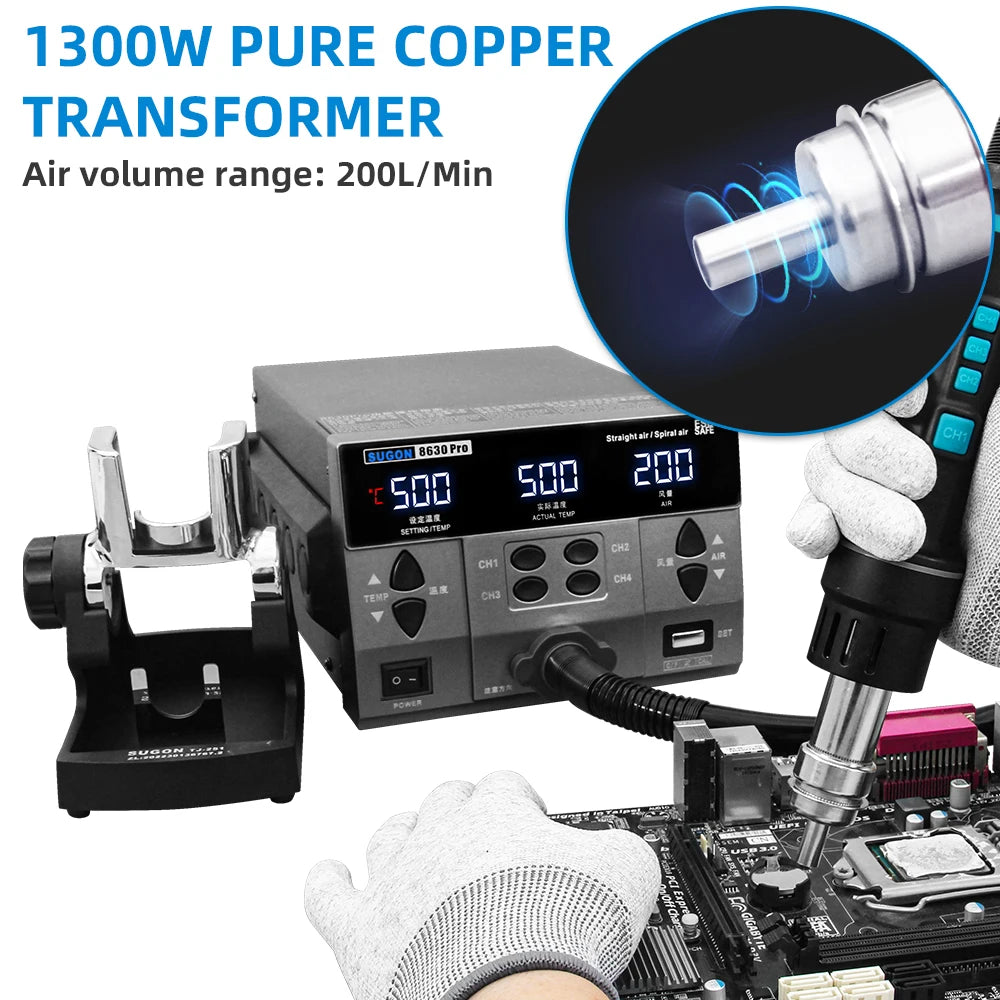 SUGON 8630Pro 1300W Hot Air Gun - Digital Display BGA Rework Station with Curved Nozzle for Welding & Desoldering Repair