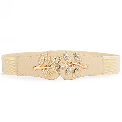 Women’s Wide Waist Belt – Gold Leaf Elastic with Double Hook Buckle, Fashionable Skirt Accessory