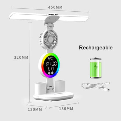 LED Desk Lamp with Fan & Clock - Adjustable Brightness Reading and Study Light