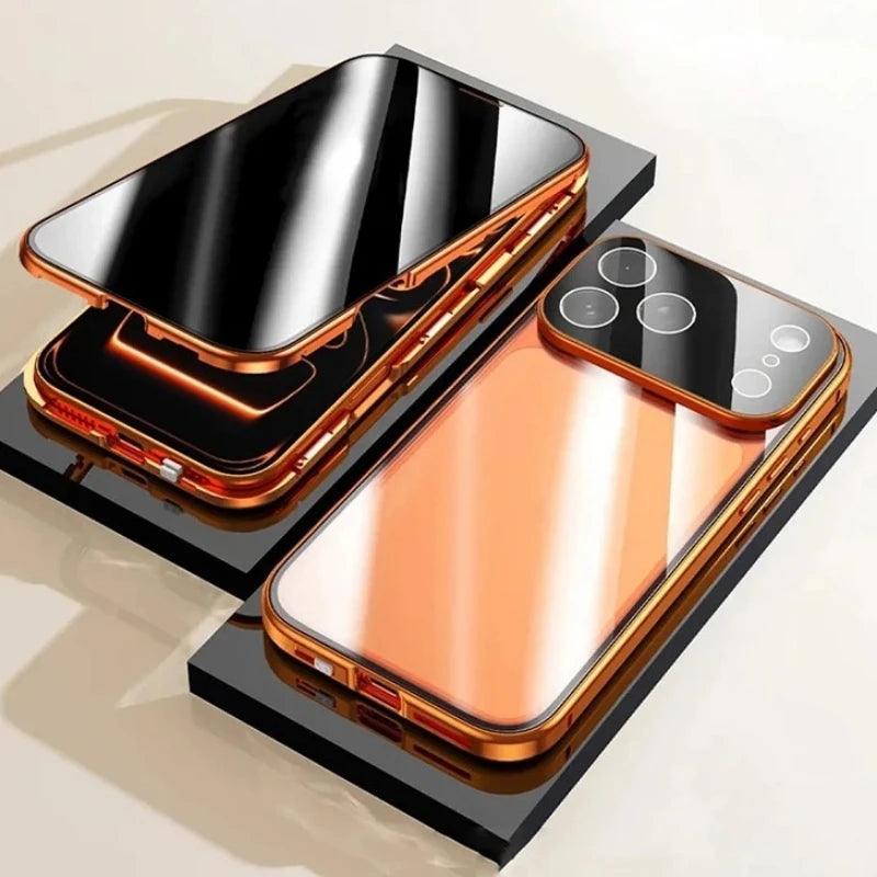 360° Full Protection Metal Magnetic Double-Sided Glass Case for iPhone 17 16 15 14 13 12 Pro Max Plus 17E 16E - Snap Lock Privacy Protective Cover