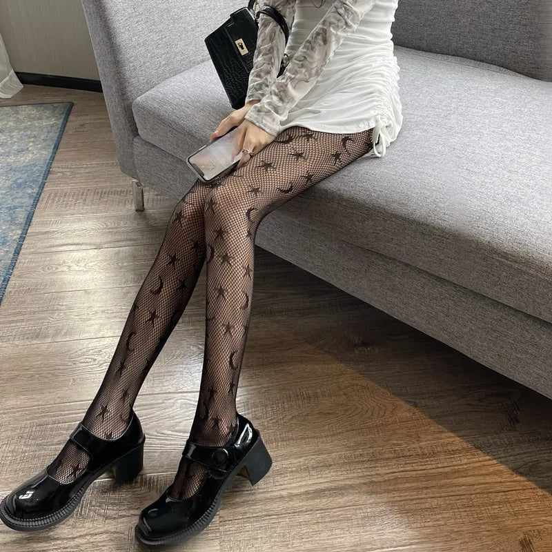 Women’s Gothic Bat Fishnet Stockings - Harajuku Emo Mesh Thigh High Tights with Sexy Alternative Lingerie Style