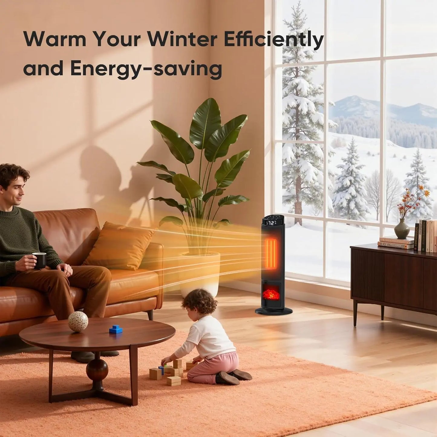 23-Inch Portable Space Heater – Remote Control, Thermostat, 7 Light Modes, 70° Oscillation, 12H Timer & Tip-Over Safety, Black