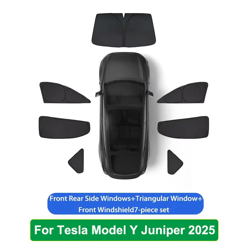 Tesla Model Y Juniper 2025–2026 Sunshade Set – Front, Rear & Side Window Sun Shades, Windshield UV Protection, Outdoor Camping Car Accessories