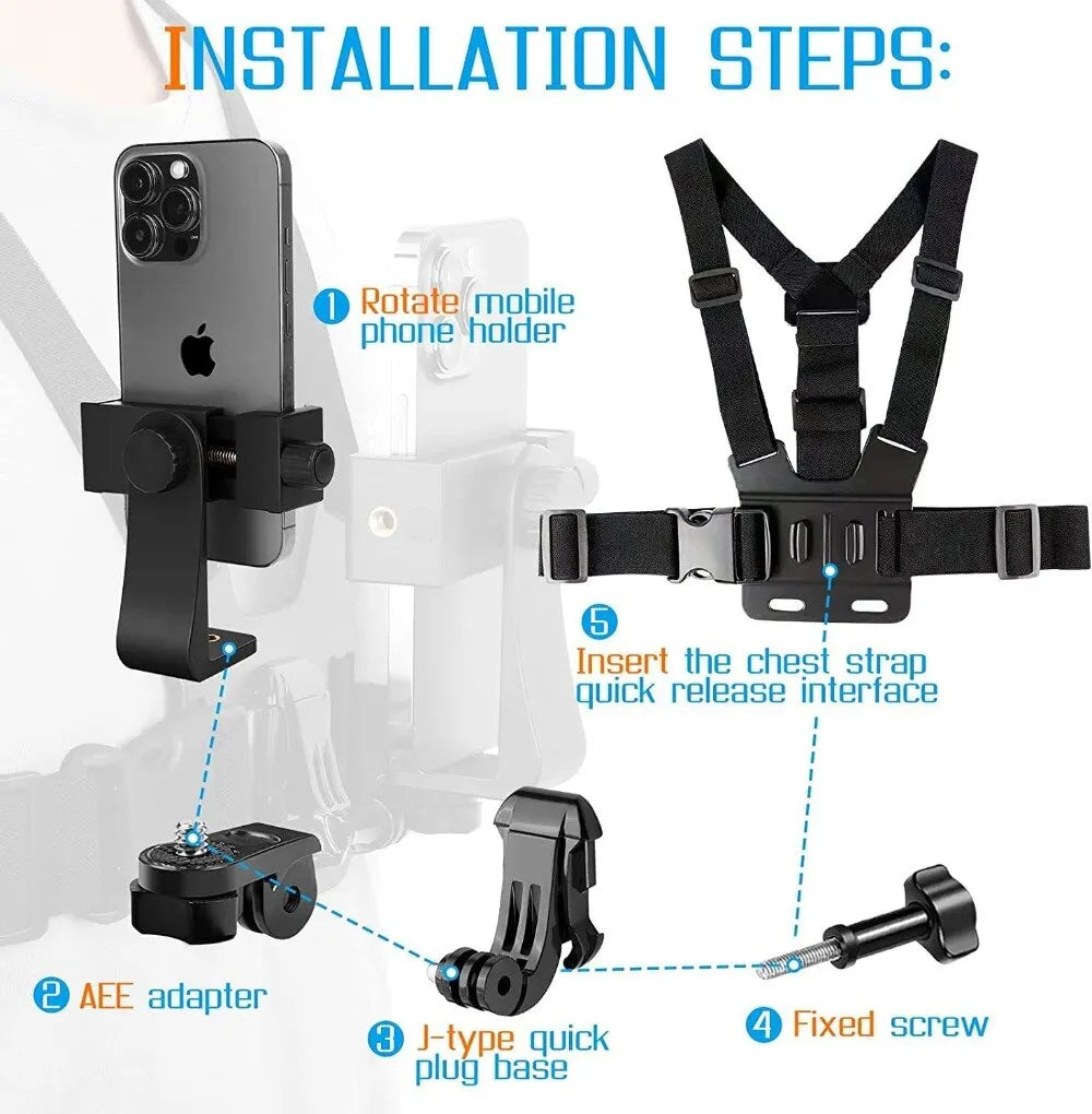 Adjustable Phone Clip Holder with Chest Strap Fixation Bracket - Black Holder Accessory for Sport and Mobile Phone Camera