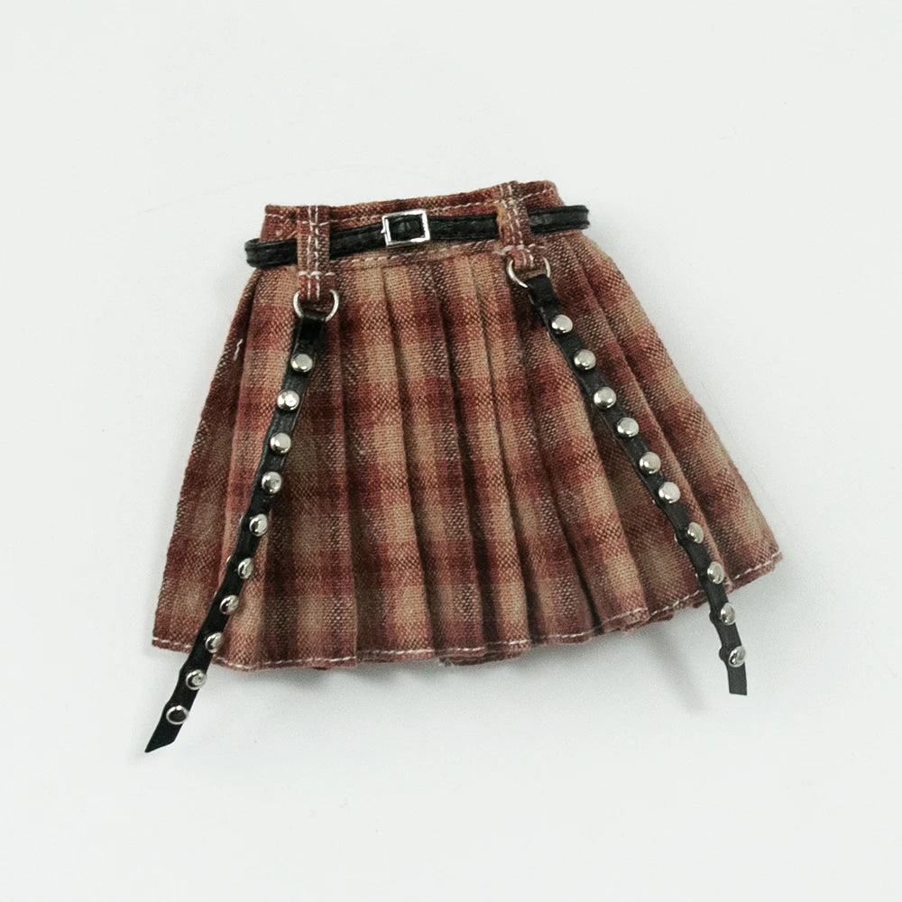 Blythe Doll Clothes Plaid Pleated Skirt & Off-Shoulder Top Tulle Dress Set — Ruffle Skirt for Licca, Azone, OB22, YMY Doll Accessories