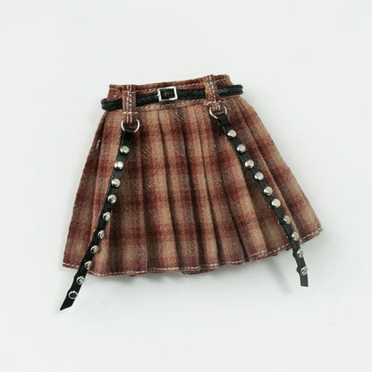 Blythe Doll Clothes Plaid Pleated Skirt & Off-Shoulder Top Tulle Dress Set — Ruffle Skirt for Licca, Azone, OB22, YMY Doll Accessories