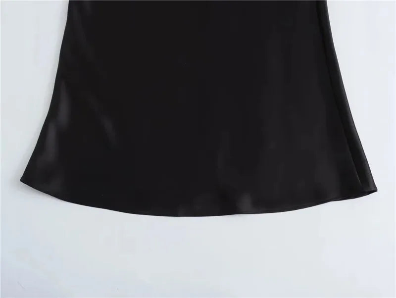 TRAF Women’s 2024 Satin Skirt — High Waist Black Midi Summer Skirt, Elegant Office Long Skirt for Women