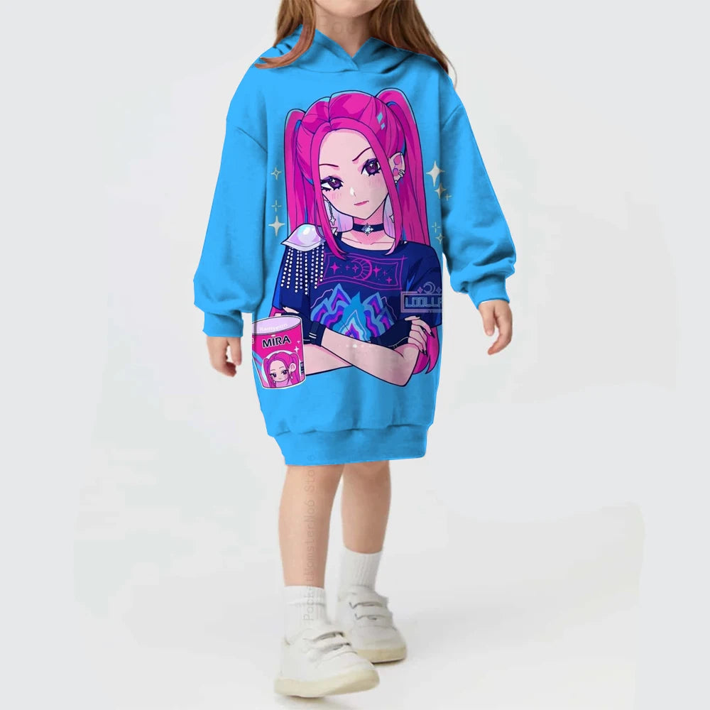 KPop Demon Hunters Hoodie Dress — Rumi Cute Cartoon Sweatshirt Pullover for Girls, Long Sleeve Autumn Y2K Sportswear