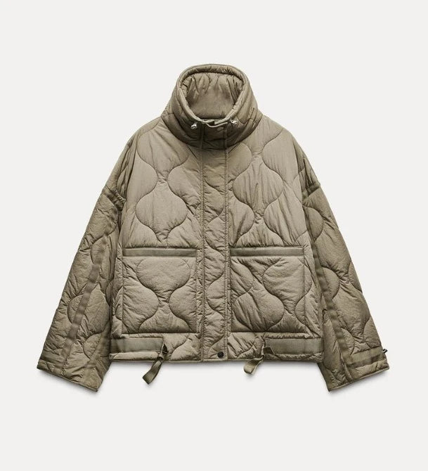 2024 ETJ Quilted Women's Coat – Beige Drawstring High Neck Jacket with Ties & Pockets