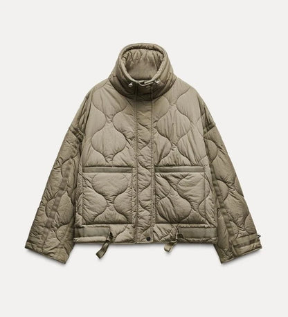 2024 ETJ Quilted Women's Coat – Beige Drawstring High Neck Jacket with Ties & Pockets