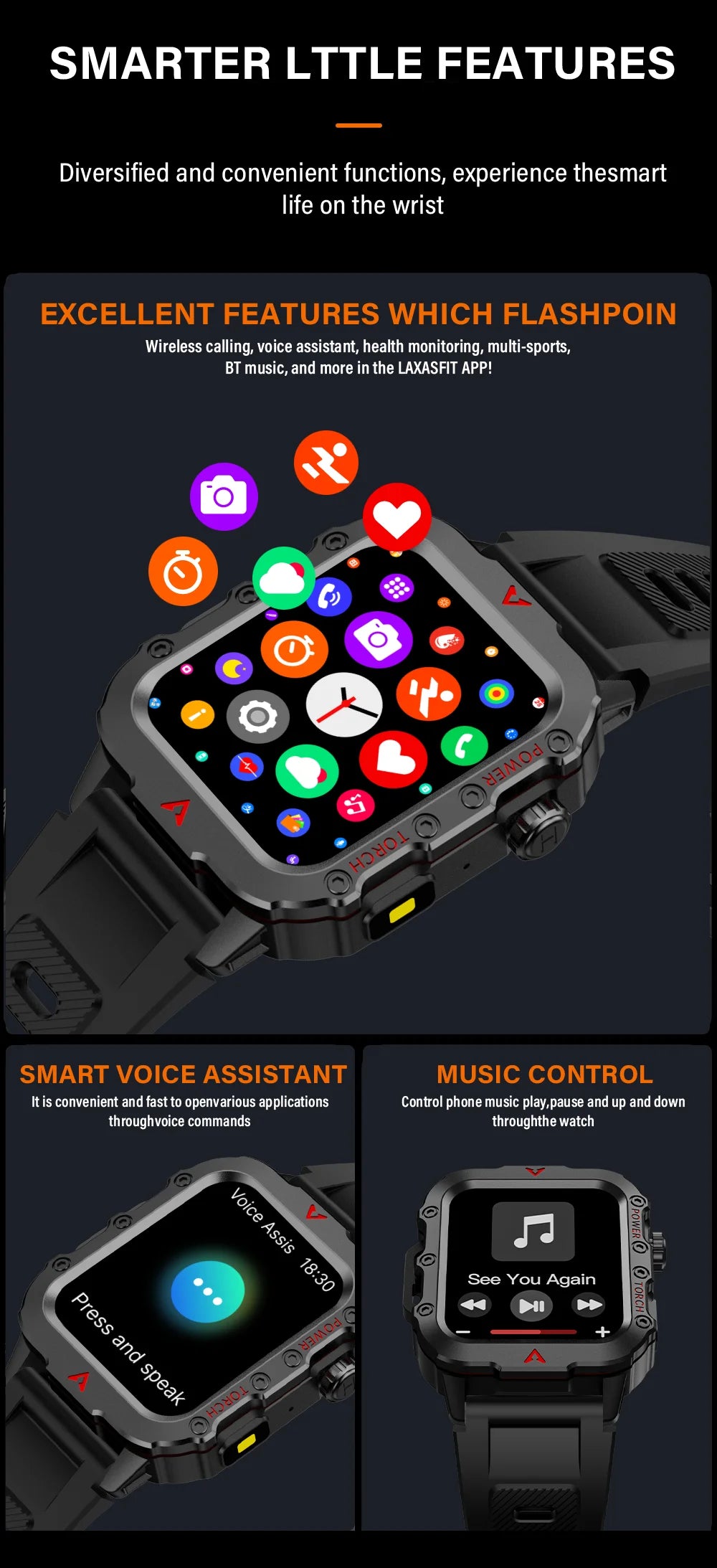LAXASFIT Men’s Smart Watch – LED Flashlight, Outdoor Sports, Health Monitoring Wristwatch