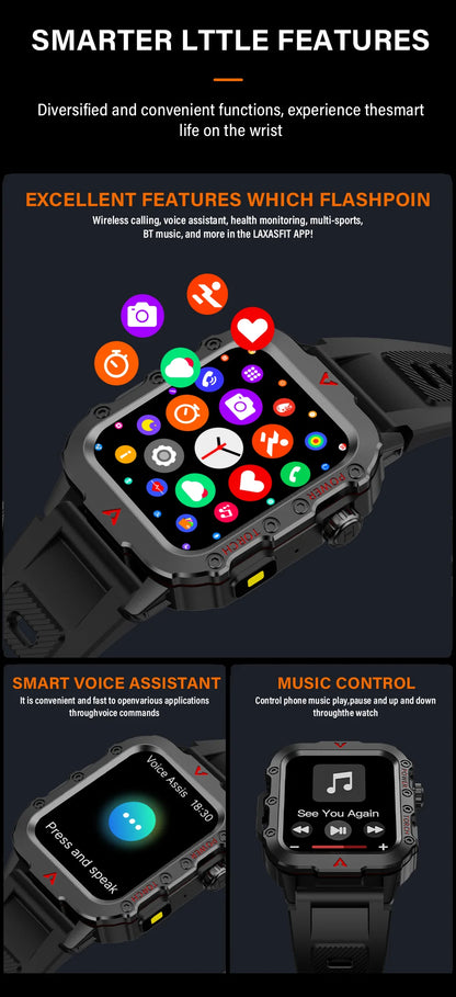 LAXASFIT Men’s Smart Watch – LED Flashlight, Outdoor Sports, Health Monitoring Wristwatch