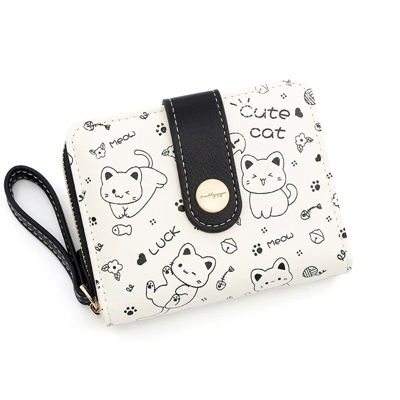 Japanese Cute Cat Wallet for Girls – Short Zipper Wallet, ID & Bank Card Holder, Coin Purse & Key Storage for Women