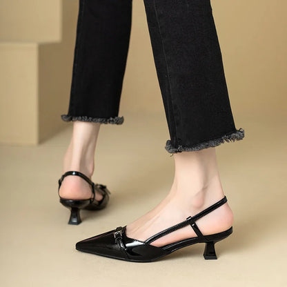 2024 Summer French Wine Red Pointed Patent Leather Mid-Heel Sandals for Women - Retro Skinny Heel