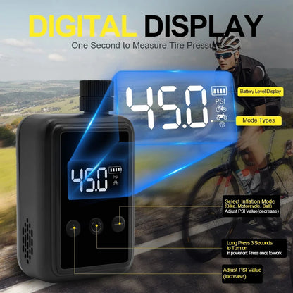 Electric Mini Bike Pump – Portable Bicycle Pump with Digital PSI Pressure Gauge for Motorcycle, MTB, and Road Bike Tires