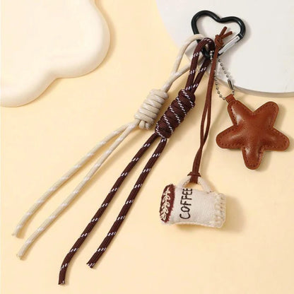 Kawaii Cartoon Linen Embroidery Coffee Bread Keychain - Cute Leather Heart Pendant Bag Charm Car Keychain Accessory