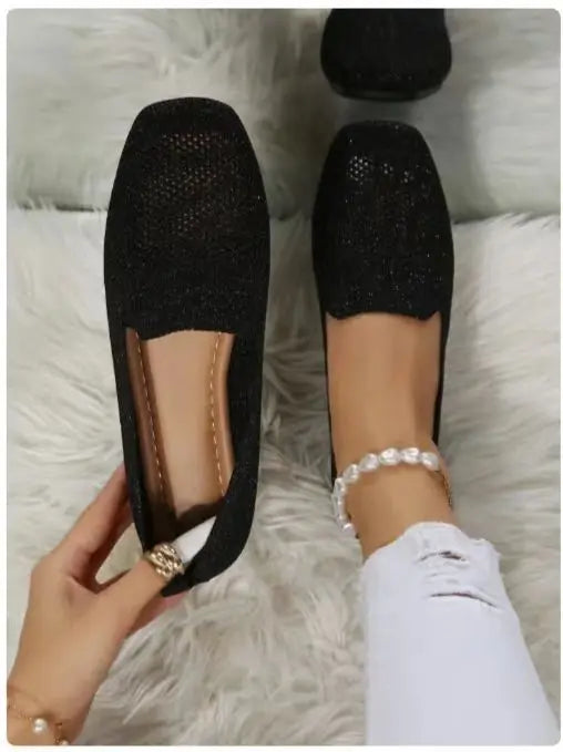 Solid Color Square Toe Mesh Loafers – Women’s Casual Slip-On Ballet Flats, Soft Bottom Knit Boat Shoes