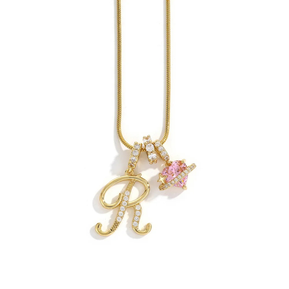 Gold Zircon Flower Letter Necklace - A-Z Alphabet Pendant Jewelry Gift for Women