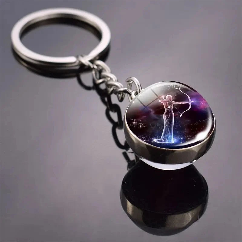 S12 Constellation Keychain – Luminous Double-Sided Zodiac Glass Ball Pendant for Men & Women