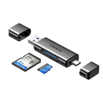 SAMZHE USB 3.2 Card Reader - Dual-Slot SD & MicroSD TF Reader with USB-A & USB-C Support