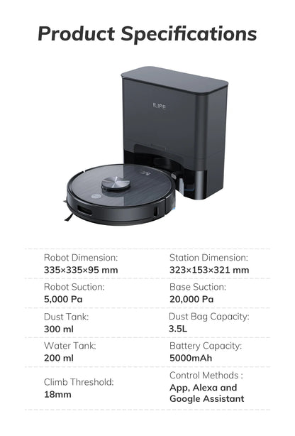 ILIFE T20S LDS Robot Vacuum Cleaner – 5000Pa, Auto Empty Dock, 60-Day Hands-Off Cleaning, Wet/Dry Sweeping & Mopping