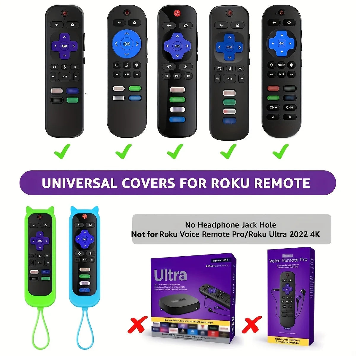 Glow-in-the-Dark Cat Ear Silicone TV Remote Cover - Cute Protective Case for TCL, Hisense & Roku Remotes