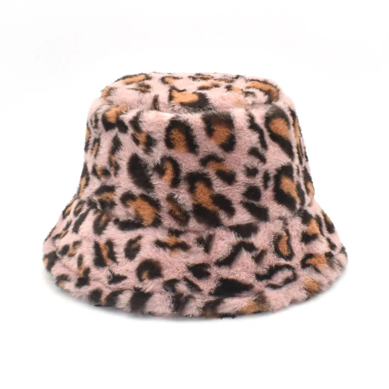 Women’s Winter Bucket Hat – Fashion Leopard Panama, Warm Vintage Faux Fur Fisherman Cap