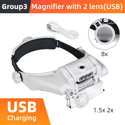LED Headband Magnifier – Hands-Free Glasses with 1.5x–8x Lenses for Jewelry, Watch & Electronic Repair