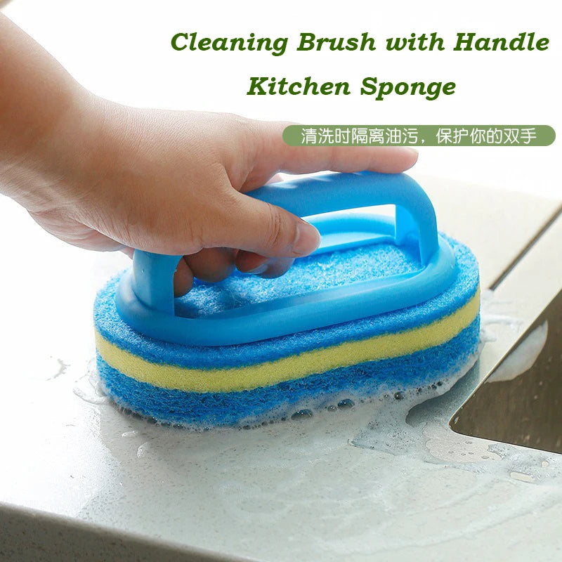 Kitchen and Bathroom Cleaning Brush with Handle – Thick Sponge Scrubber for Tile, Household Stains, and Surface Cleaning