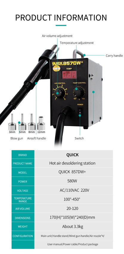 QUICK 857DW+ Dual Hot Air Desoldering Station – Intelligent SMD PCB & BGA Repair Tool for Welding and Desoldering