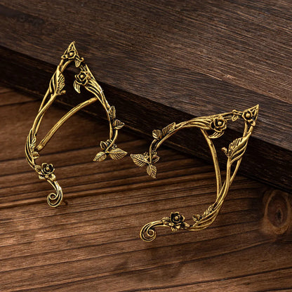 Gold Elf Flower Leaf Ear Cuffs - Fairy-Inspired Clip-On Earrings for Women & Girls