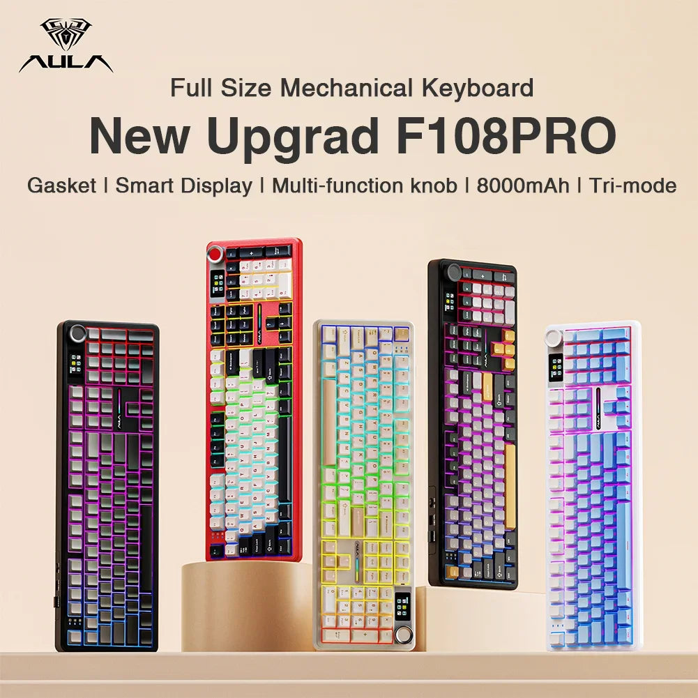 AULA F108 Pro Full-Size Gaming Keyboard – Wireless Bluetooth, Hot-Swappable Gasket Mount, Macro Keys, TFT Smart Display