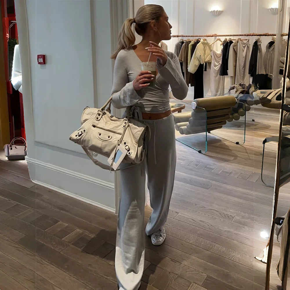 Apprabant Women’s Casual Fashion Set – Drawstring High-Waist Trousers with Plush Loose Pants and Lace-Up Flared Sleeve V-Neck Top