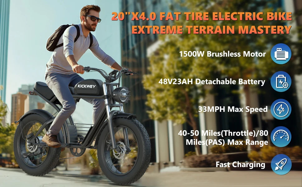 Kickwey K7 Adult Electric Bike — 1500W 48V 23Ah Mountain E-Bike, 20" Fat Tires, Off-Road Outdoor Adventure
