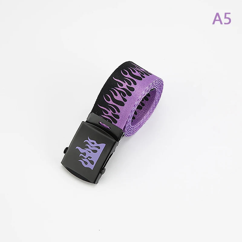 Hip Hop Fashion Canvas Belt – Personalized Flame Design, Casual & Punk Cowboy Belt for Men & Women