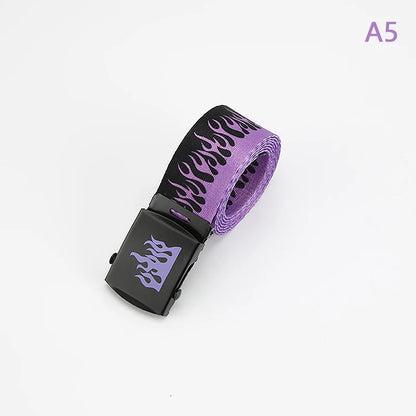 Hip Hop Fashion Canvas Belt – Personalized Flame Design, Casual & Punk Cowboy Belt for Men & Women
