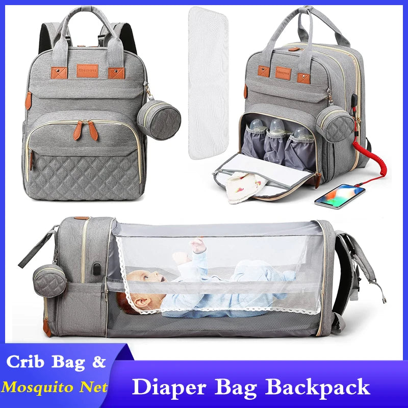 3-in-1 Diaper Bag Backpack – Waterproof Travel Bag with Foldable Baby Bed & USB Charging