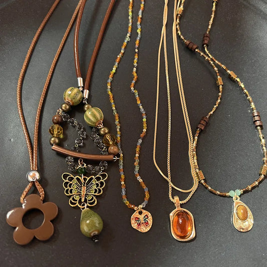 Vintage Natural Stone Pendant Necklace - Brown Geometric Long Leather Rope Chain Jewelry Gift for Women