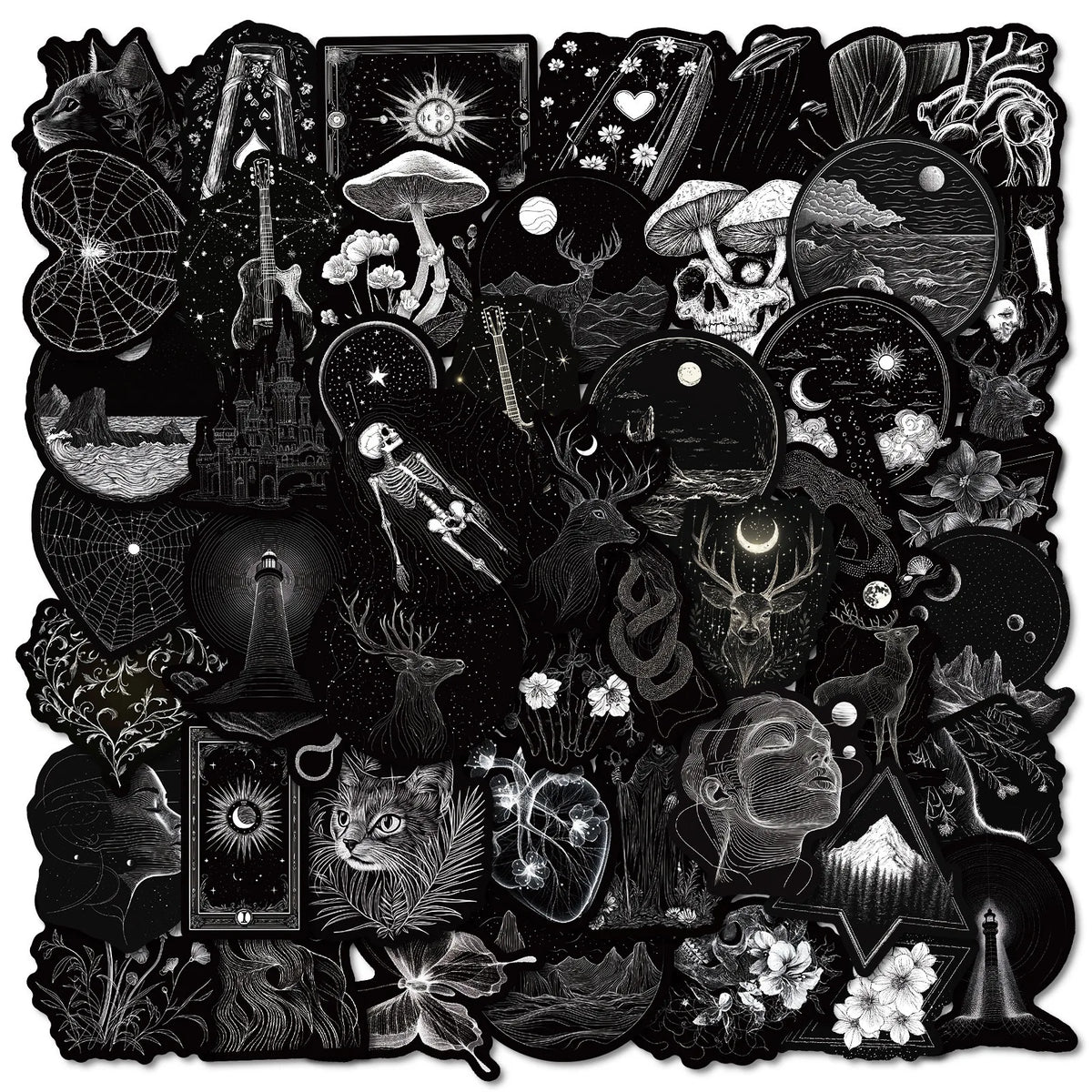 50PCS Black & White Gothic Stickers - Skull-Themed Waterproof Decals for Phone, Luggage & Scrapbooking