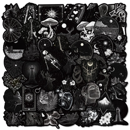50PCS Black & White Gothic Stickers - Skull-Themed Waterproof Decals for Phone, Luggage & Scrapbooking