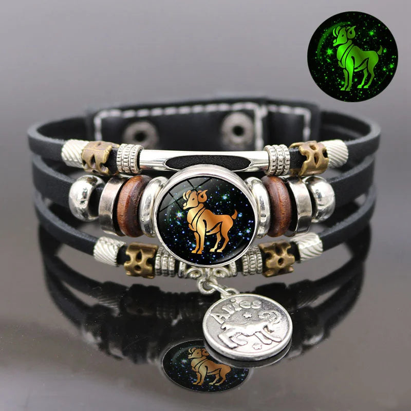 Luminous 12 Constellation Vintage Bracelet - Braided Punk Leather Glow-in-the-Dark for Men & Women, Birthday Gift