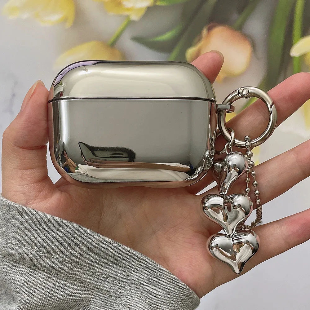 Electroplated Silver AirPods Case - Soft TPU Mirror Finish Cover with Heart Keychain for AirPods 1/2/3/4/5 & Pro 2