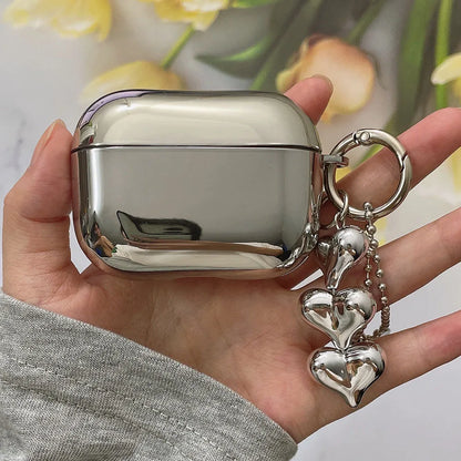Electroplated Silver AirPods Case - Soft TPU Mirror Finish Cover with Heart Keychain for AirPods 1/2/3/4/5 & Pro 2