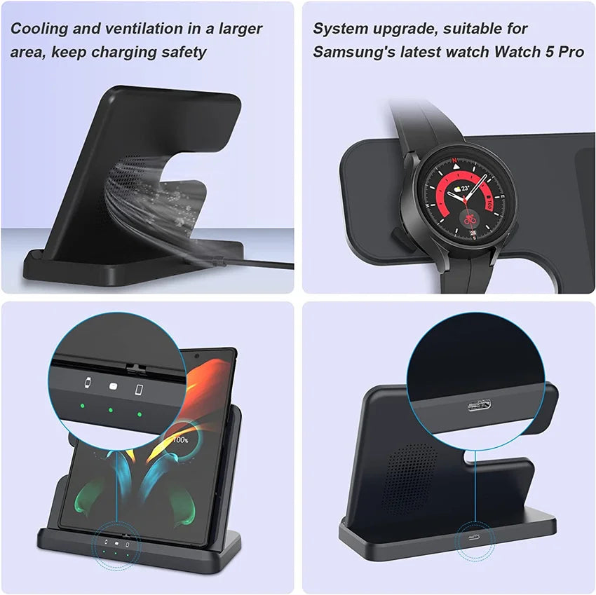 15W 3-In-1 Wireless Charger Stand: Fast Charging Dock Station for Samsung Z Fold 3, S21, S20, Galaxy Watch 5/4/3, Active 2, S3, S4, Buds