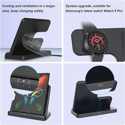 15W 3-In-1 Wireless Charger Stand: Fast Charging Dock Station for Samsung Z Fold 3, S21, S20, Galaxy Watch 5/4/3, Active 2, S3, S4, Buds