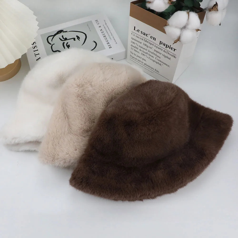Fluffy Fur Fisherman Hat for Women – Winter Plush Ear Protection, Windproof Warm Solid Fashion Bucket Cap