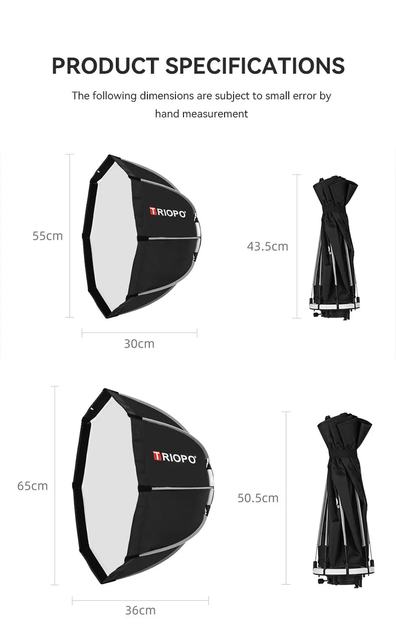 TRIOPO Foldable Octagon Softbox – 55cm, 65cm, 90cm, 120cm Bowens Mount for Sokani X100, COLBOR CL60, Godox & Aputure LED Video Lights