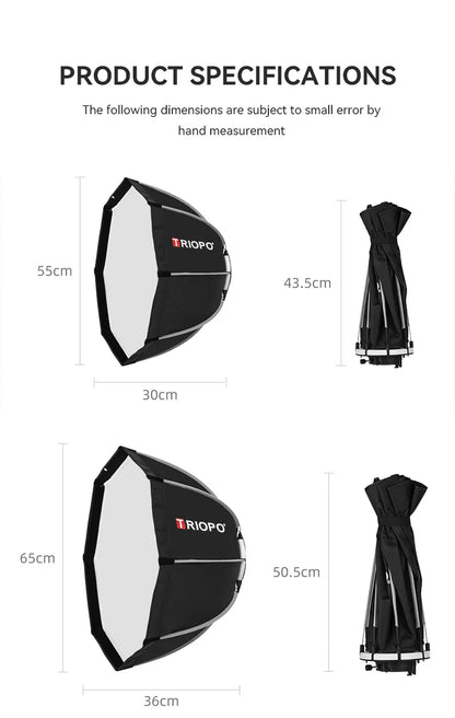 TRIOPO Foldable Octagon Softbox – 55cm, 65cm, 90cm, 120cm Bowens Mount for Sokani X100, COLBOR CL60, Godox & Aputure LED Video Lights